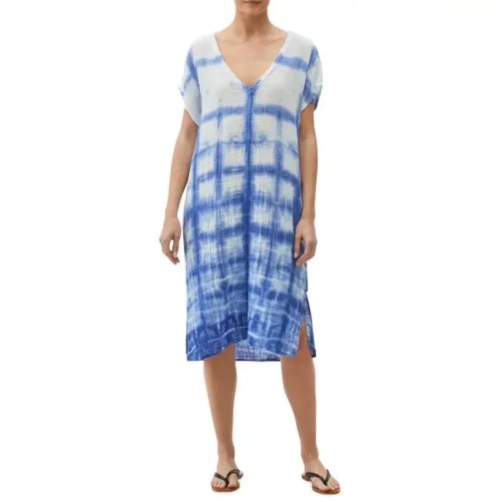 Michael Stars Louie Printed‎ V-Neck Gauze Dress Blue Tie-Dye Swim Cover-Up